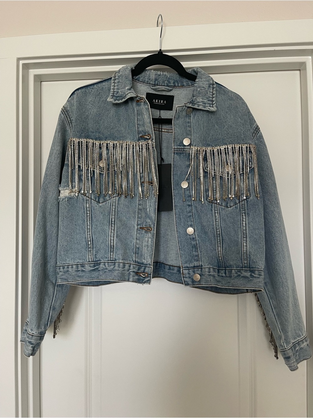 AKIRA Light Blue Denim Jacket with Silver Chain Fringe